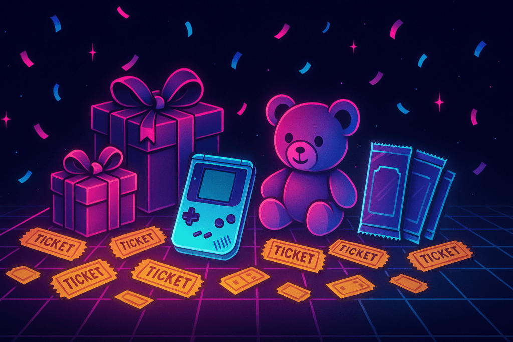 Illustration rétro néon des résultats de la tombola Vingrau Level One 2026 : billets dorés, console portable, cadeaux, peluche et boosters sous des néons magenta et cyan